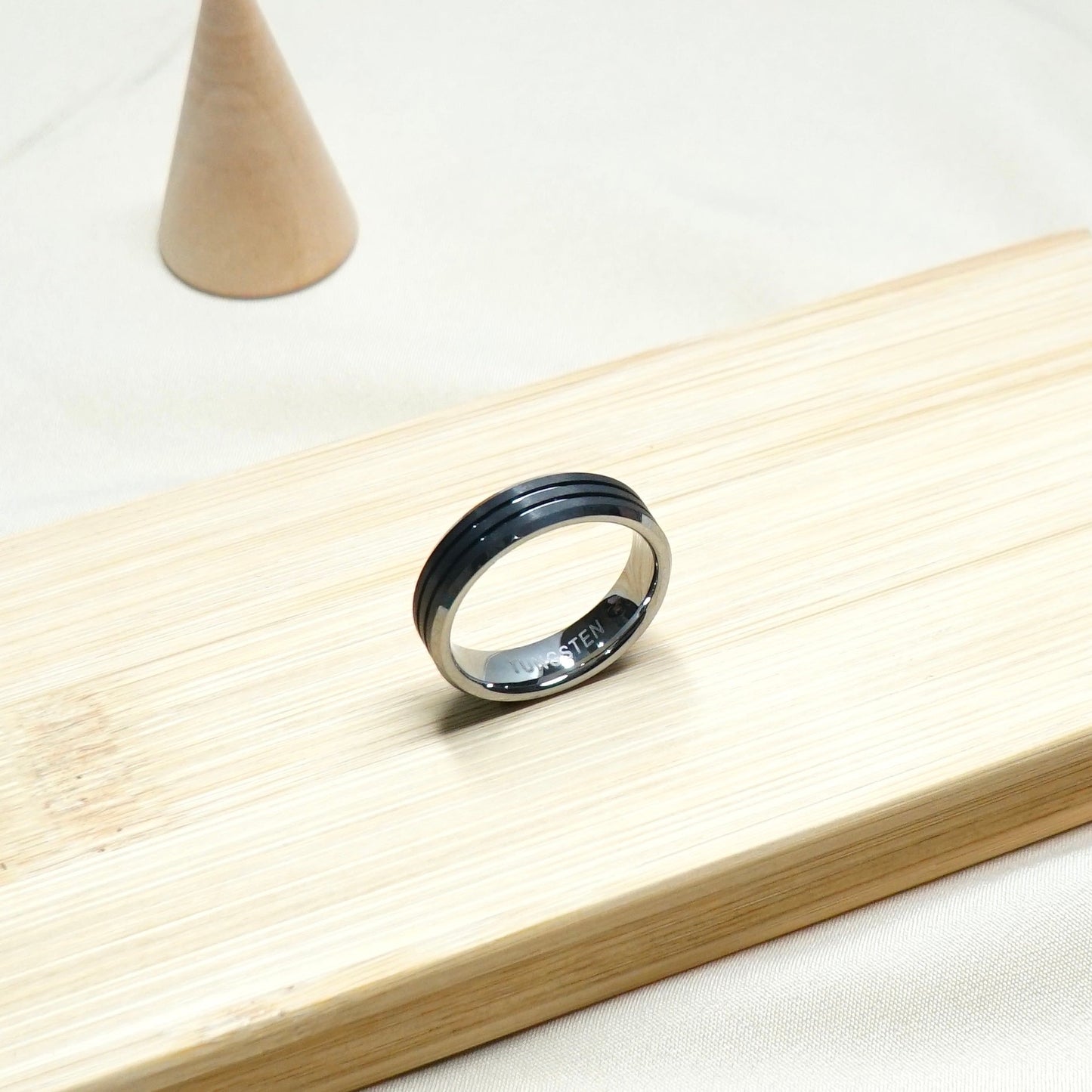 Sleek Silver Edged Black Tungsten Ring