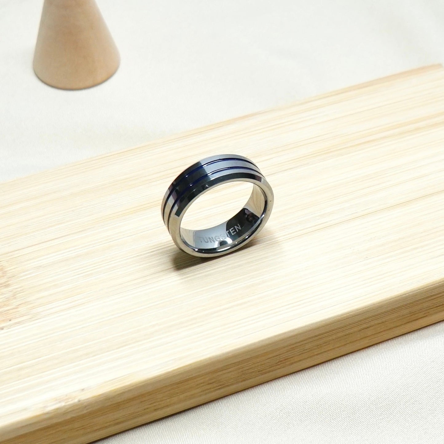 Blue Lined Silver Tungsten Ring