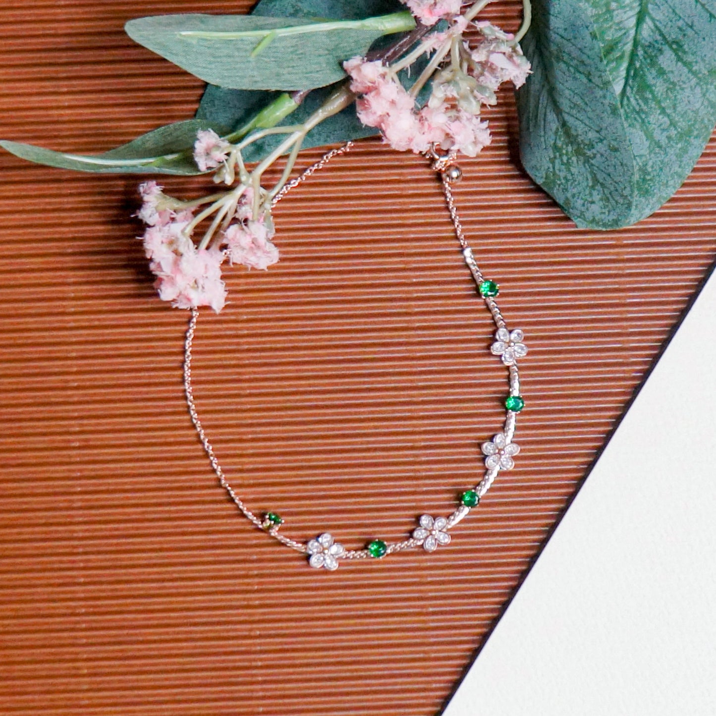 Green stone White Flower Chain